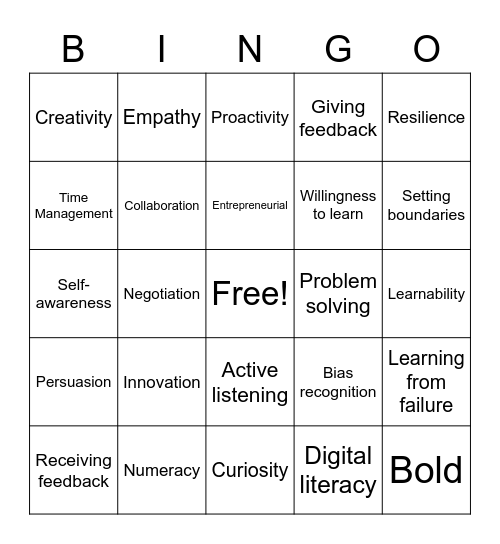 Developing your skills Bingo Card