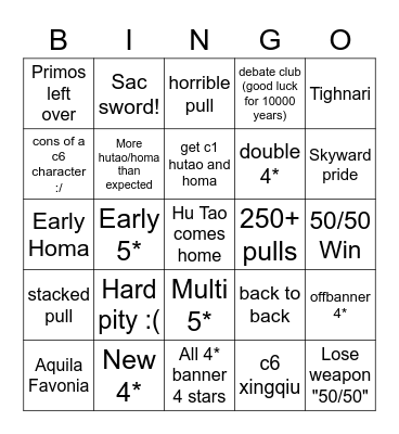 Hu Tao Summons Bingo Card