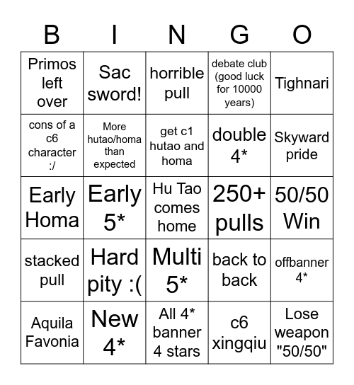 Hu Tao Summons Bingo Card
