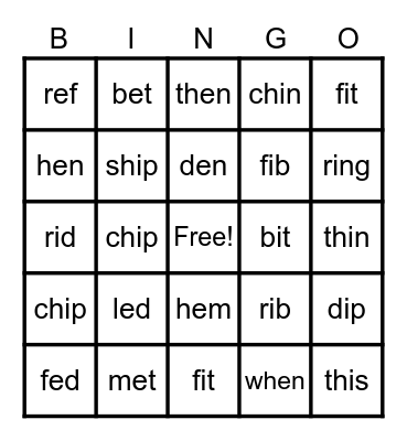 Short i & Short e Bingo Card