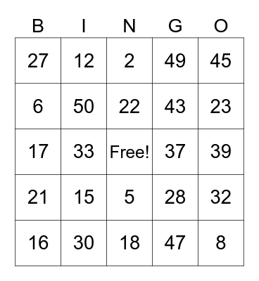 NUMBER BINGO Card