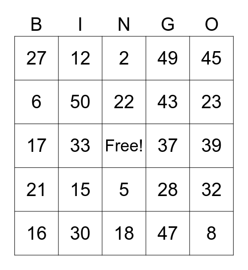 NUMBER BINGO Card