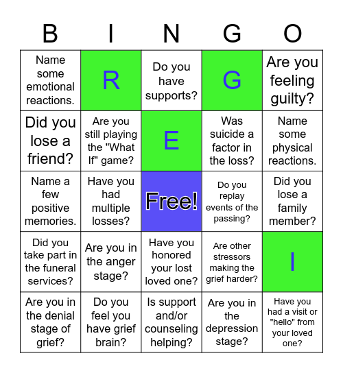 CCA - Grief and Loss Discussion Bingo Card