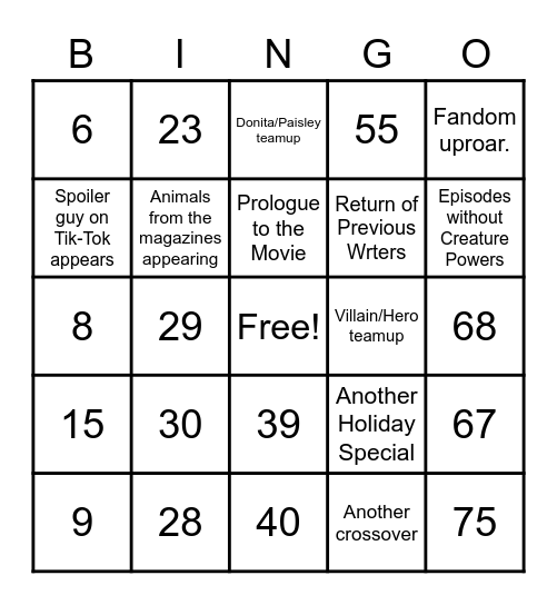 Wild Kratts Season 7 Bingo Card