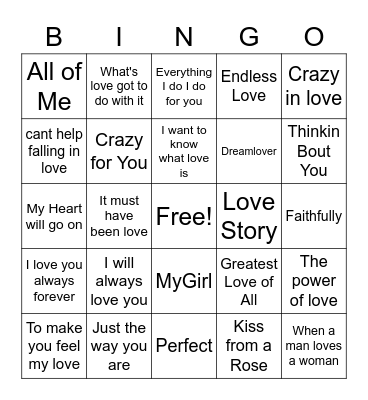 Love Songs Bingo Card