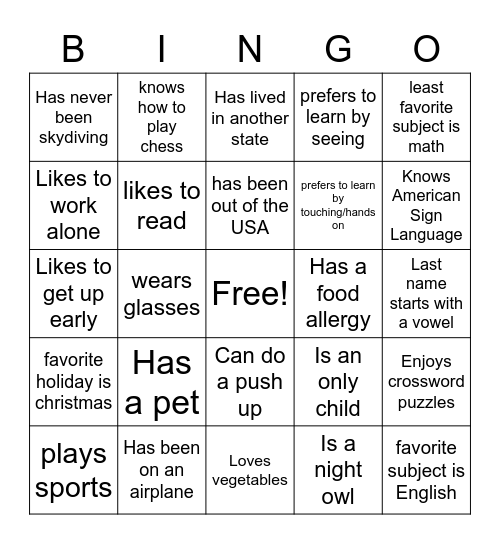 All About Me Bingo Card