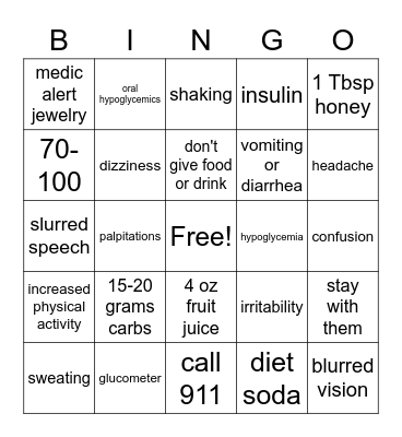 Tams hypoglycemia Bingo Card