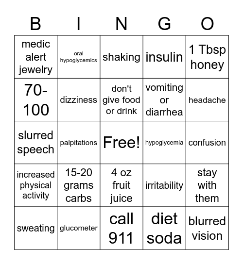 Tams hypoglycemia Bingo Card