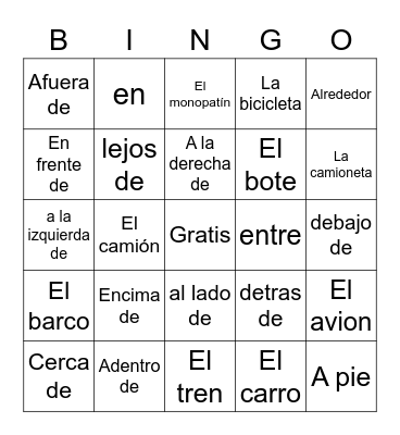 Preposiciones Bingo Card