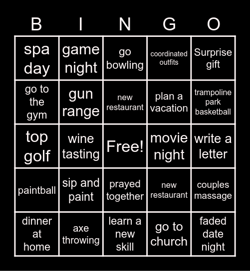 Couples Bingo Card