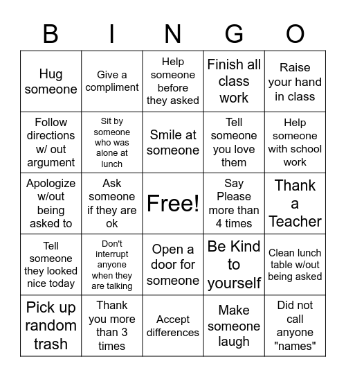 Kindness Bingo Card