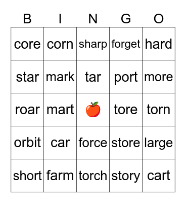 Controlled R Vowels -AR and -OR Bingo Card