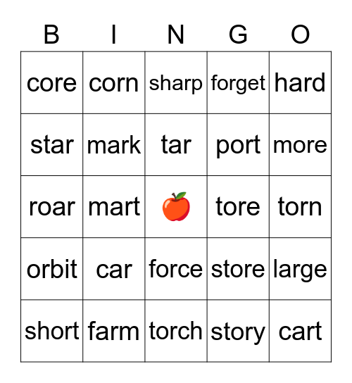 Controlled R Vowels -AR and -OR Bingo Card