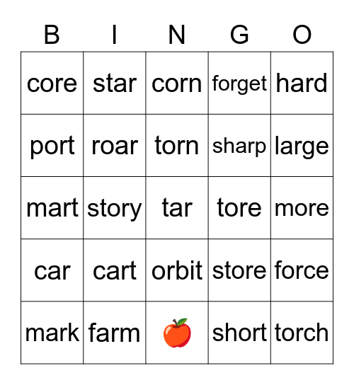 Controlled R Vowels -AR and -OR Bingo Card