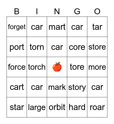 Controlled R Vowels -AR and -OR Bingo Card