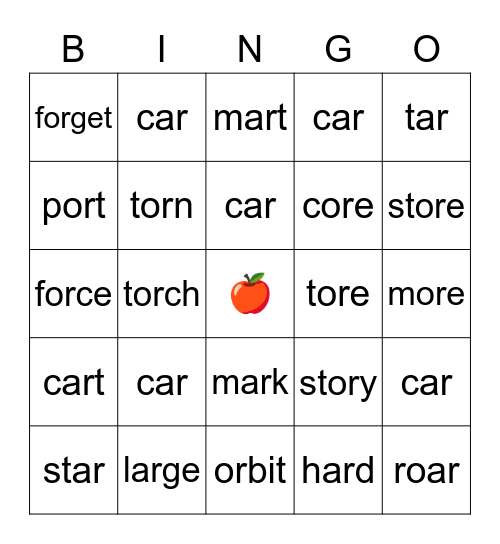 Controlled R Vowels -AR and -OR Bingo Card