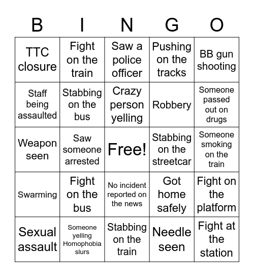 Violence on the TTC Bingo Card