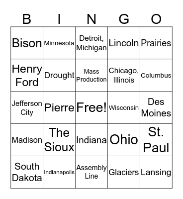 Midwest Region Bingo Card