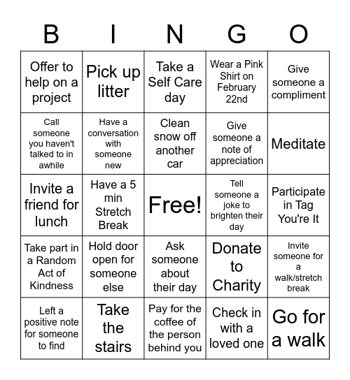 February Bingo Challenge Bingo Card