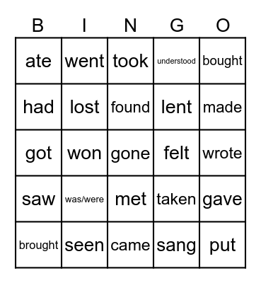 irregular verbs Bingo Card