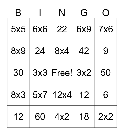 Multiplication bingo Card