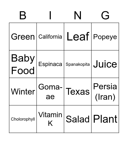 Spinach Bingo Card