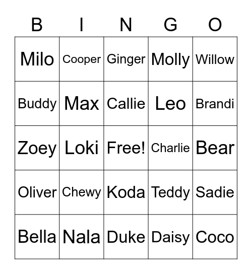 Pet Name Bingo Card