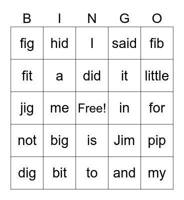 Short i vowel sound Bingo Card