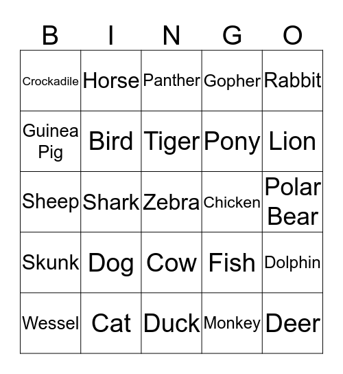 Types of Animals Bingo Card