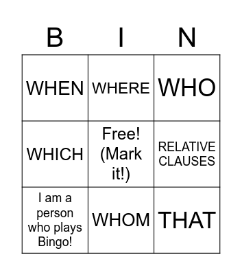 Start Up 4 Unit 1: Relative Pronouns Bingo Card