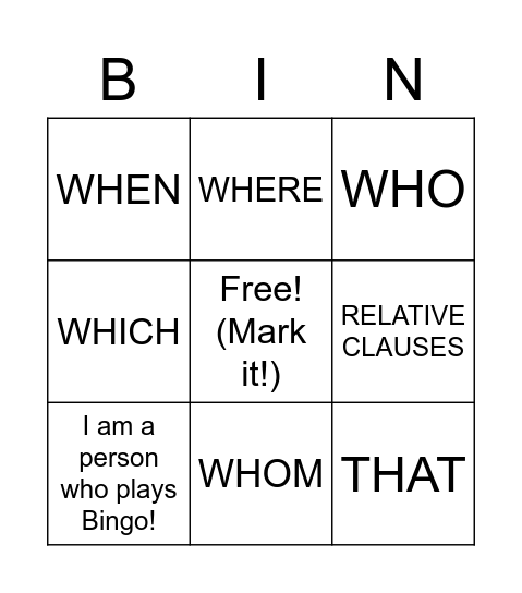 Start Up 4 Unit 1: Relative Pronouns Bingo Card