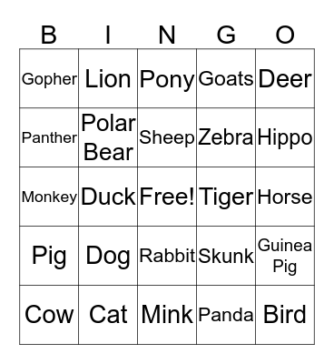 Types of Animals Bingo Card