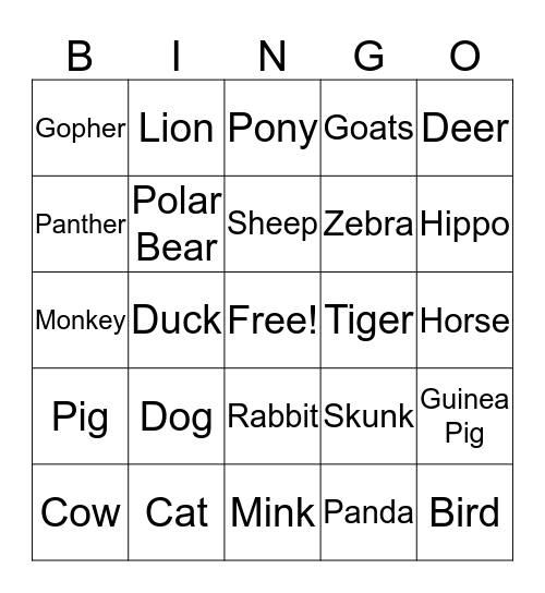 Types of Animals Bingo Card