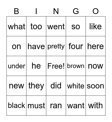 Sight Words Bingo Card