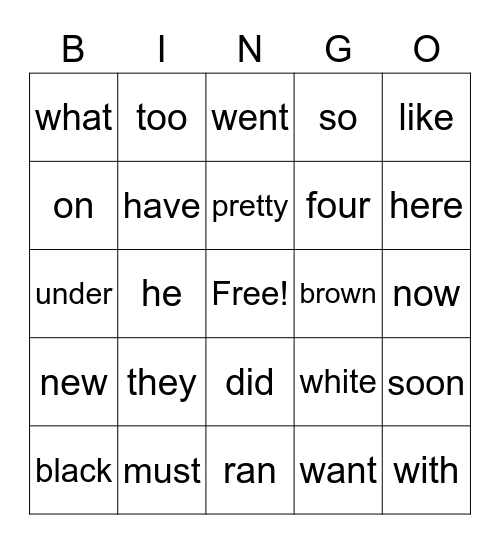 Sight Words Bingo Card