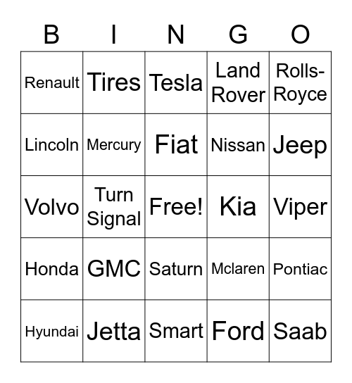 Car Bingo Card