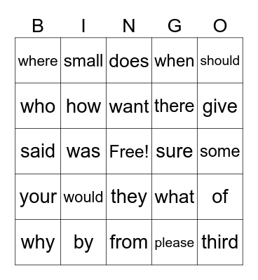 Heart Word Bingo Card