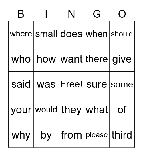 Heart Word Bingo Card