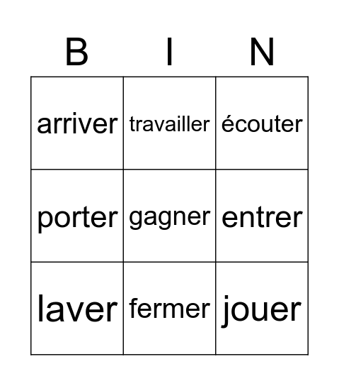 Common -er Verbs Bingo Card