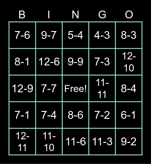 Subtraction Basic Bingo Card