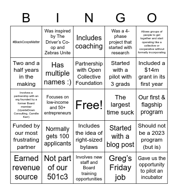 Start.coop 2023 Programs Bingo Card