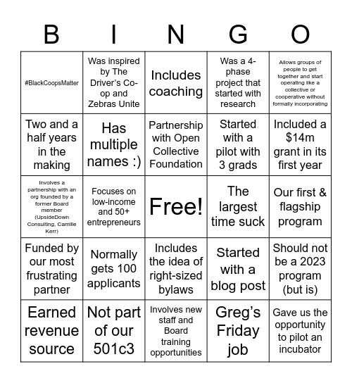 Start.coop 2023 Programs Bingo Card