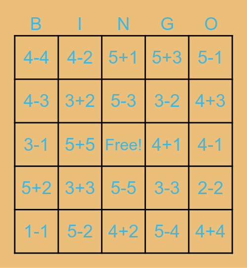 Subtraction & Addition 5 and below Bingo Card