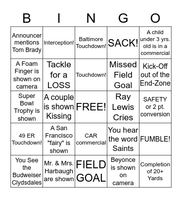 Super Bowl Bingo Card