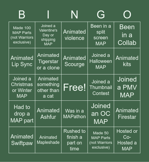 Warrior Cats MAP Artist Bingo Card