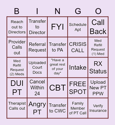 Mental Health Call Center BINGO Card