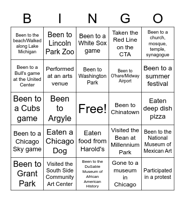 Chicago Activities Bingo Card