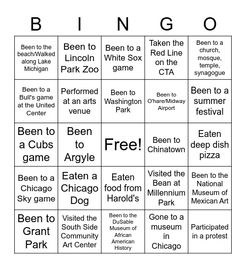 Chicago Activities Bingo Card