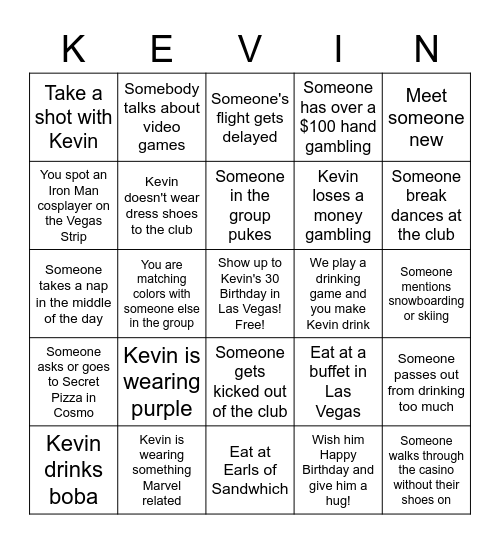 Kevin's 30th Birthday Bingo Card
