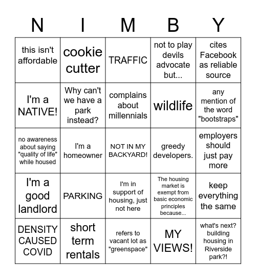 We're in a housing crisis! Why shouldn't we build housing? Bingo Card